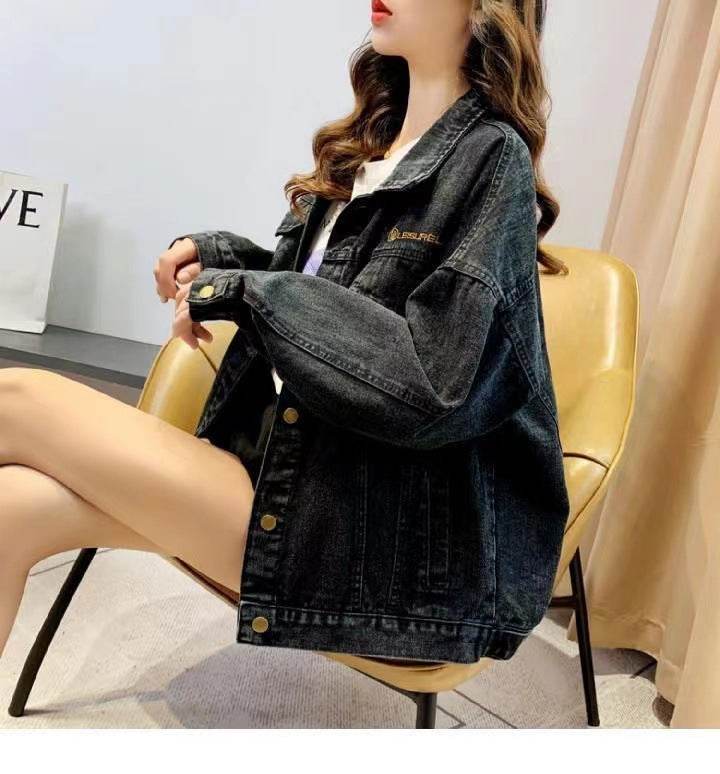 Loose Embroidered Lettered Black Denim Jacket Slimming Jacket Coat For Women - www.Shopthatapp.com