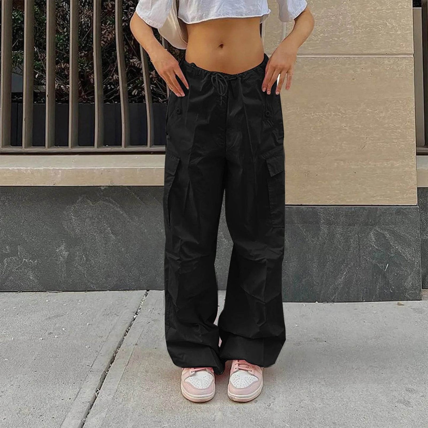 Casual Cargo Pants For Women Solid Color Drawstring Pocket Design Fashion Street Trousers Girls - www.Shopthatapp.com