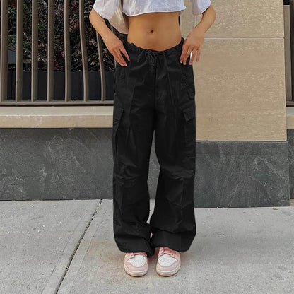 Casual Cargo Pants For Women Solid Color Drawstring Pocket Design Fashion Street Trousers Girls - www.Shopthatapp.com