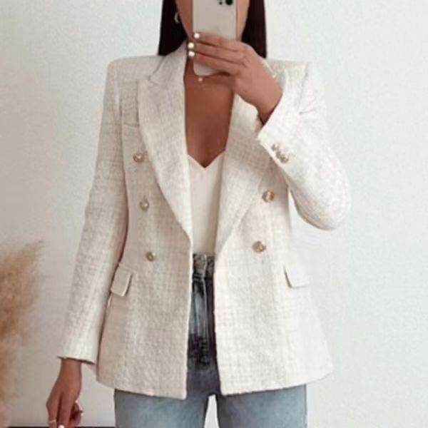 Classy Urban Women Textured Double Breasted Tweed Blazer - www.Shopthatapp.com
