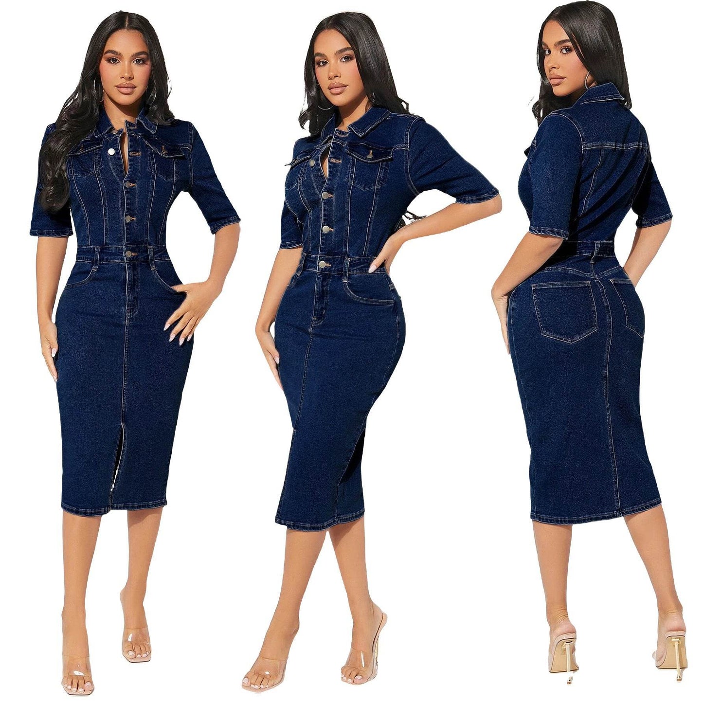 Women's Fashion Personality fitted Denim Hip-wrapped Jeans Midi straight cut front split Dress - www.Shopthatapp.com