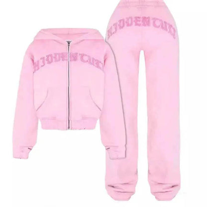 Ins Letter Sports Suit Zip-up Hooded Cropped Sweatshirt  jogging  pant tracksuit Fashion Womens Clothing Two piece joggers - www.Shopthatapp.com