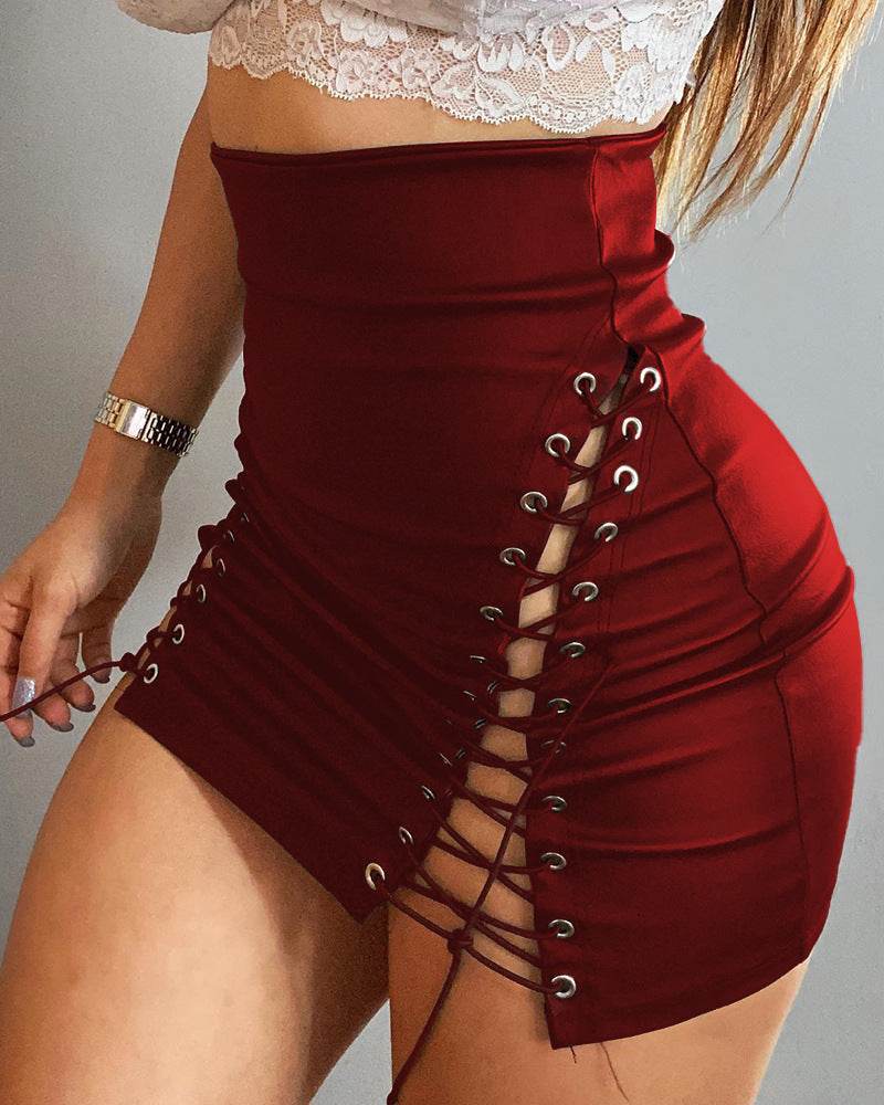 Women's High Waist Side Lace-up Tight Leather Mini Skirt - www.Shopthatapp.com