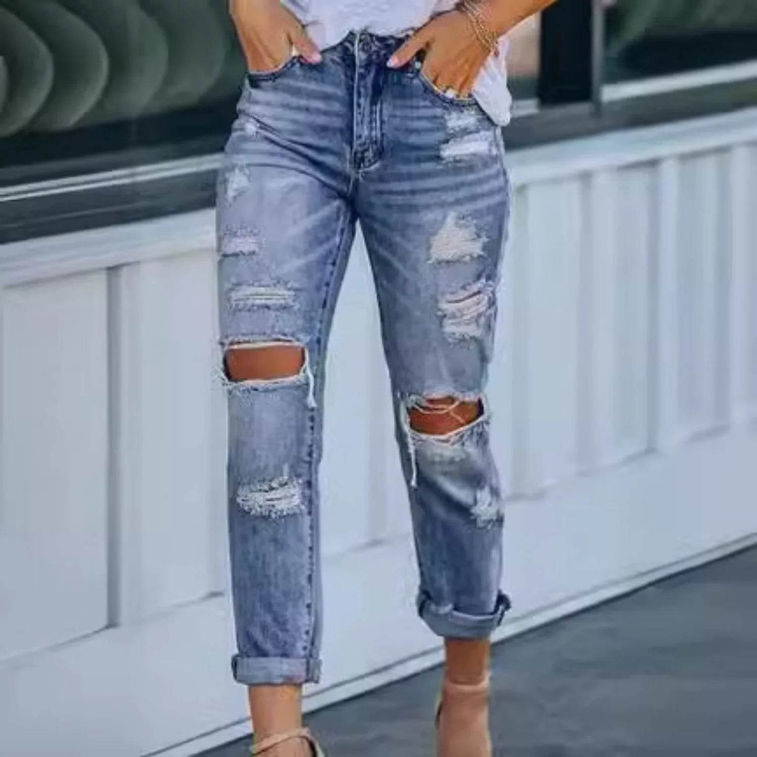 Ripped Slim Fit Baggy Jeans Pant For Women - www.Shopthatapp.com