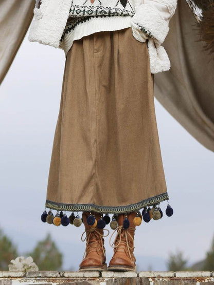 Corduroy Ethnic Style Fur Ball Stitching Brown High Waist Tassel Versatile Maxi Skirt - www.Shopthatapp.com