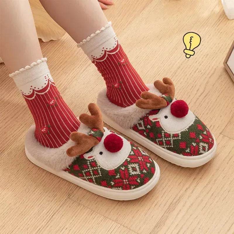 Cute Christmas Elk Plush Slippers Winter Ins Fashion Non-slip Floor Bedroom Home Slippers For Women Fuzzy House Shoes - www.Shopthatapp.com