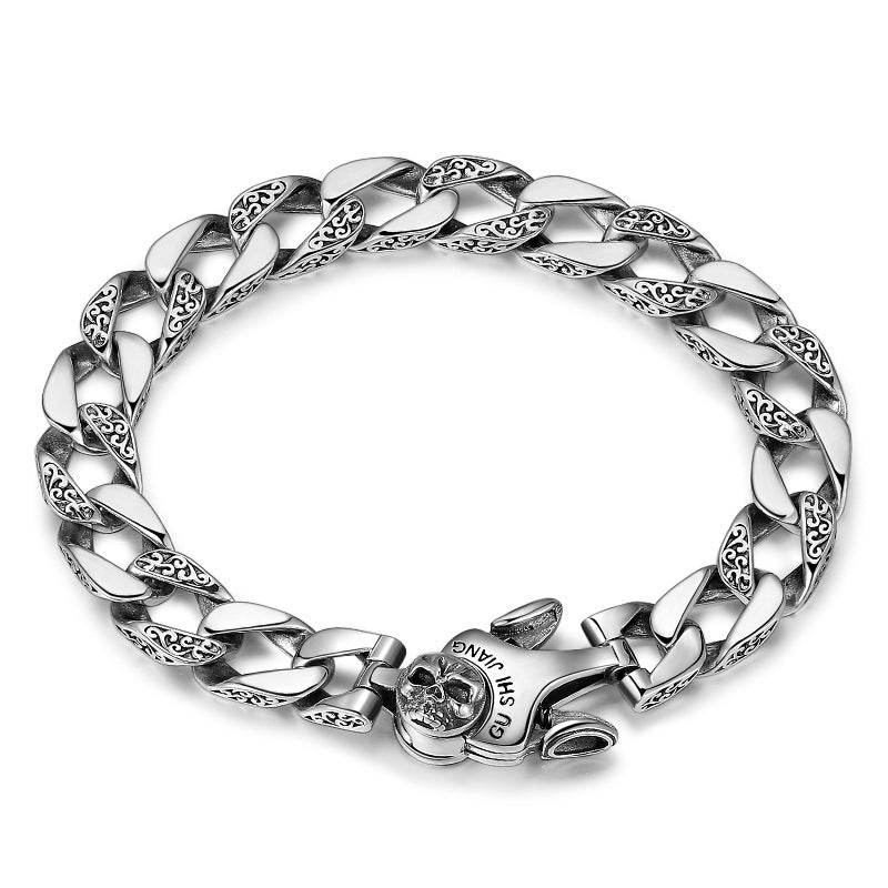 Sterling Silver Ornament Men's Trendy Rotating Skull Retro Fashion Tang Grass Pattern Bracelet - www.Shopthatapp.com