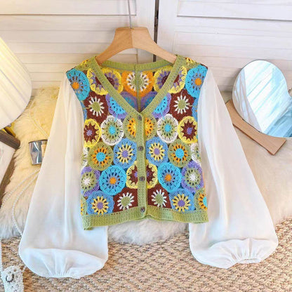 Summer Vacation Style Crocheted Hollow Design Knitted Chiffon Patchwork Long Sleeve Retro Slimming V-neck blouse top For Women - www.Shopthatapp.com