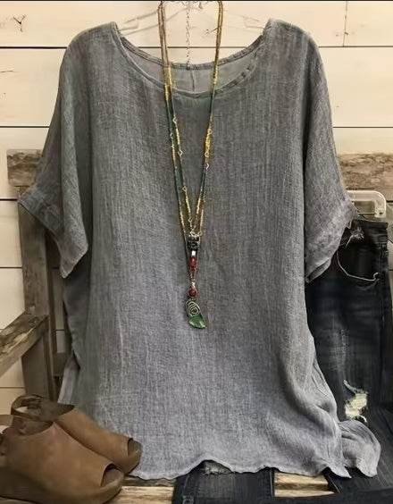 Women Fashion Casual blouse top 3/4 Sleeve Round Neck Blouses Summer Loose linen Tops Streetwear - www.Shopthatapp.com