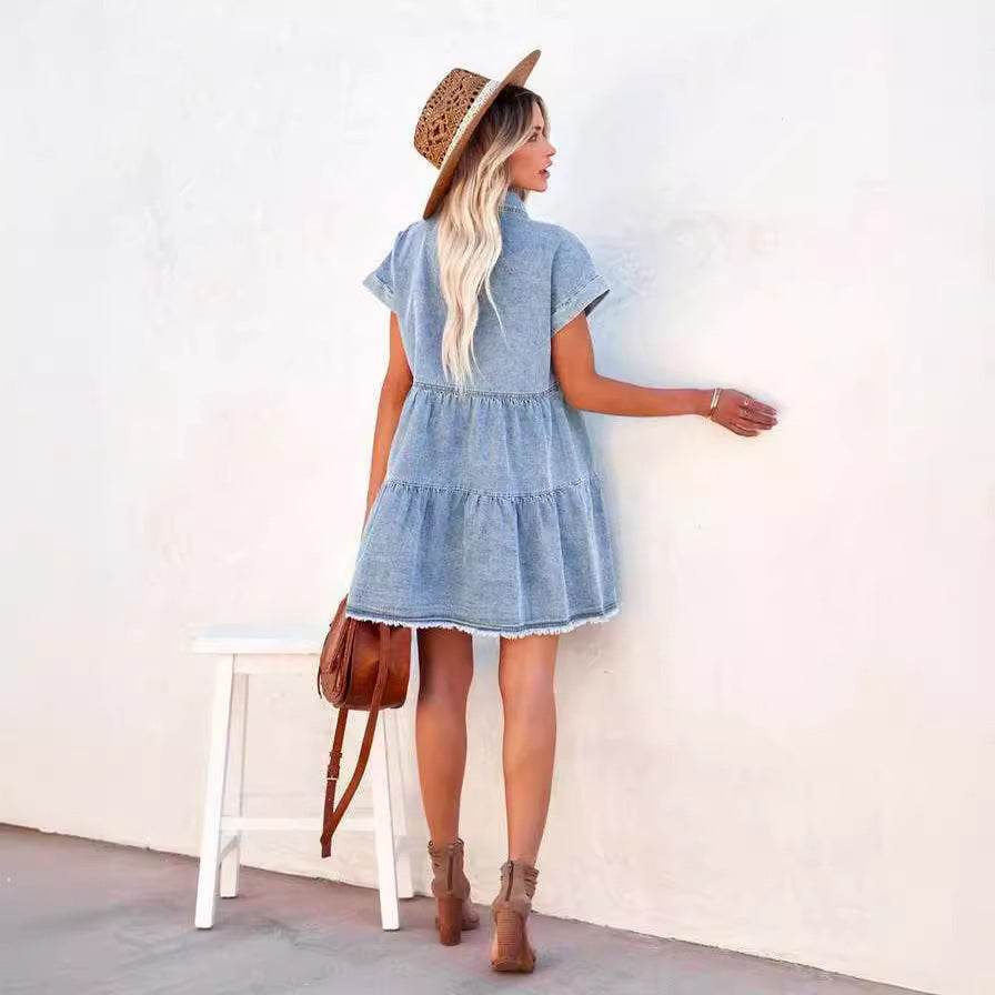 Casual Fashion Denim Short Sleeve loose mini Dress - www.Shopthatapp.com