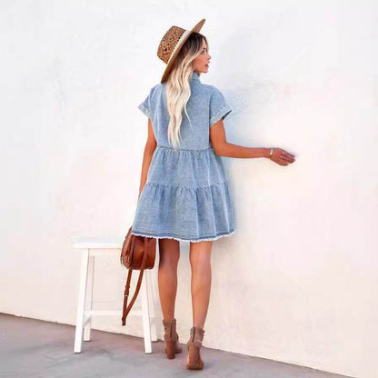 Casual Fashion Denim Short Sleeve loose mini Dress - www.Shopthatapp.com