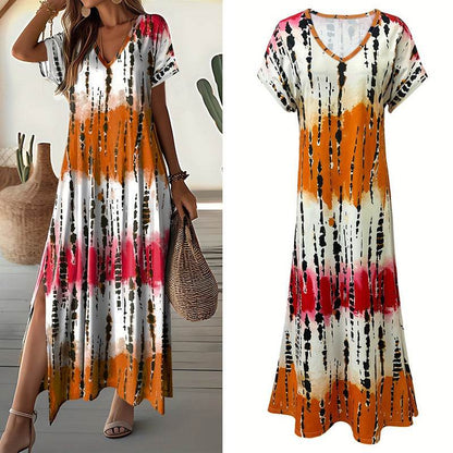 Women's Summer Tie Dye Maxi Dress Short Sleeve V Neck Casual Loose Long Split Dresses - www.Shopthatapp.com