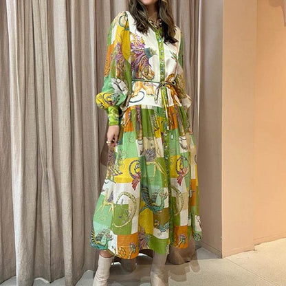 Print Holiday Women Beach Dress With Belts A-Line Long Lantern Sleeve Single Breasted Lapel Seaside Dresses Robe - www.Shopthatapp.com