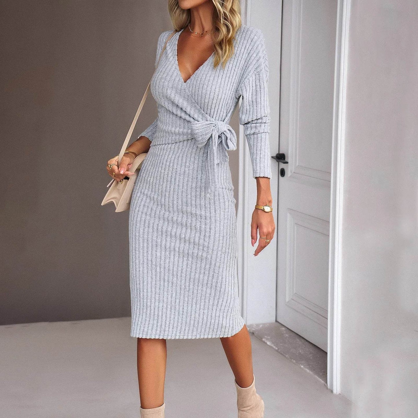 Autumn And Winter V-neck Long Sleeve Knitted sweater Wrap Dress - www.Shopthatapp.com