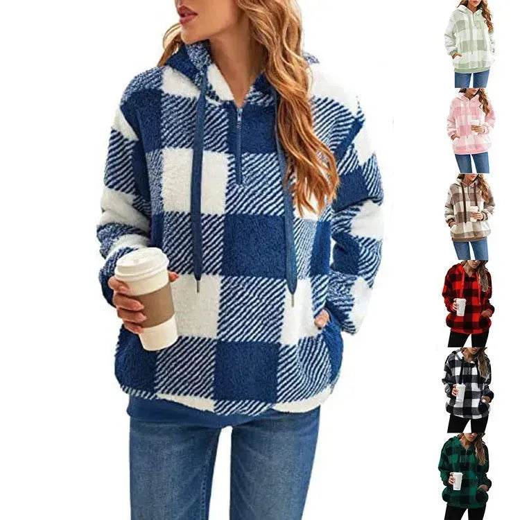 Casual Thick Fleece Plush half zip Plaid Hoodie Pullover top for women - www.Shopthatapp.com
