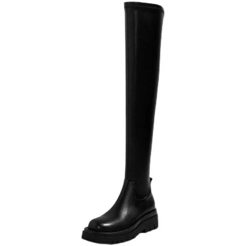Thick Sole Knee High Boots For Women Chunky Heel Black Long Boots Leather Knight Boots Fashion Winter Shoes - www.Shopthatapp.com