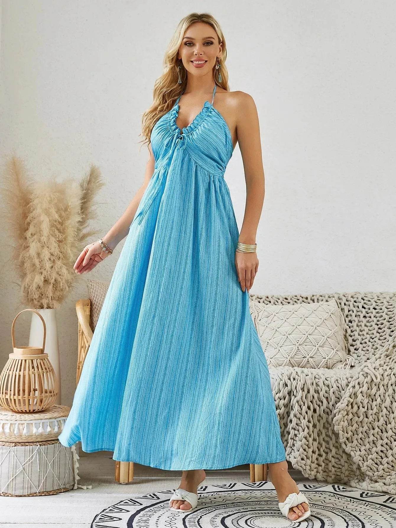 Bohemian Halter Maxi Dress - Women's Summer Sleeveless Flowy Beach Dress - www.Shopthatapp.com