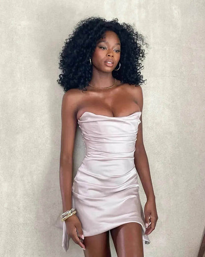 Chic Women's Fashion Tube Top Irregular Pleated Elastic Satin Mini Dress for Evening Party, Cocktail - www.Shopthatapp.com