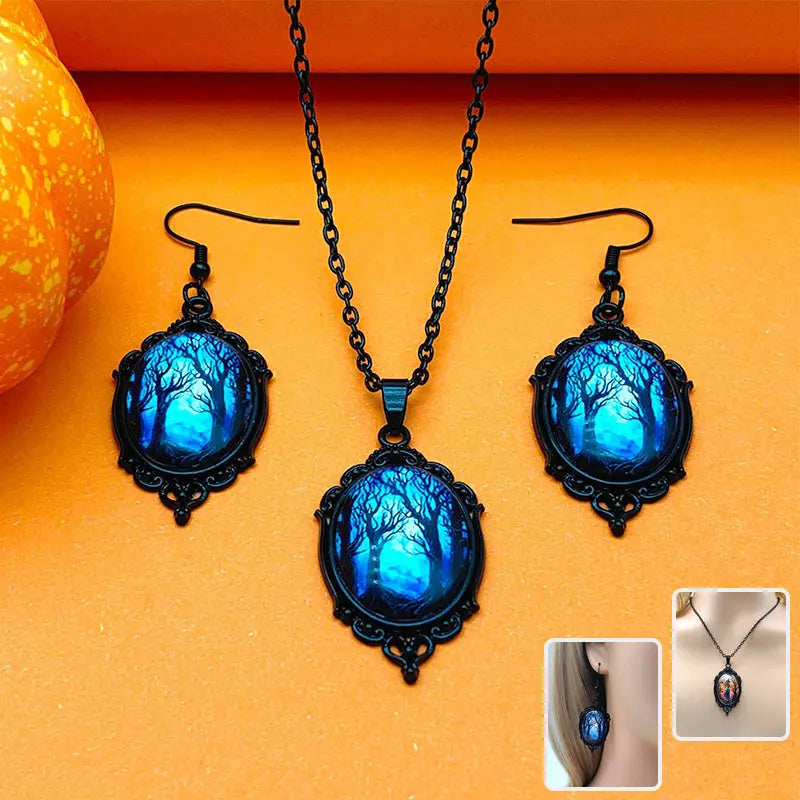 3pcs Vintage Halloween Tree Of Life And Witch Necklace Set With Earrings Alloy Pendant Jewelry - www.Shopthatapp.com