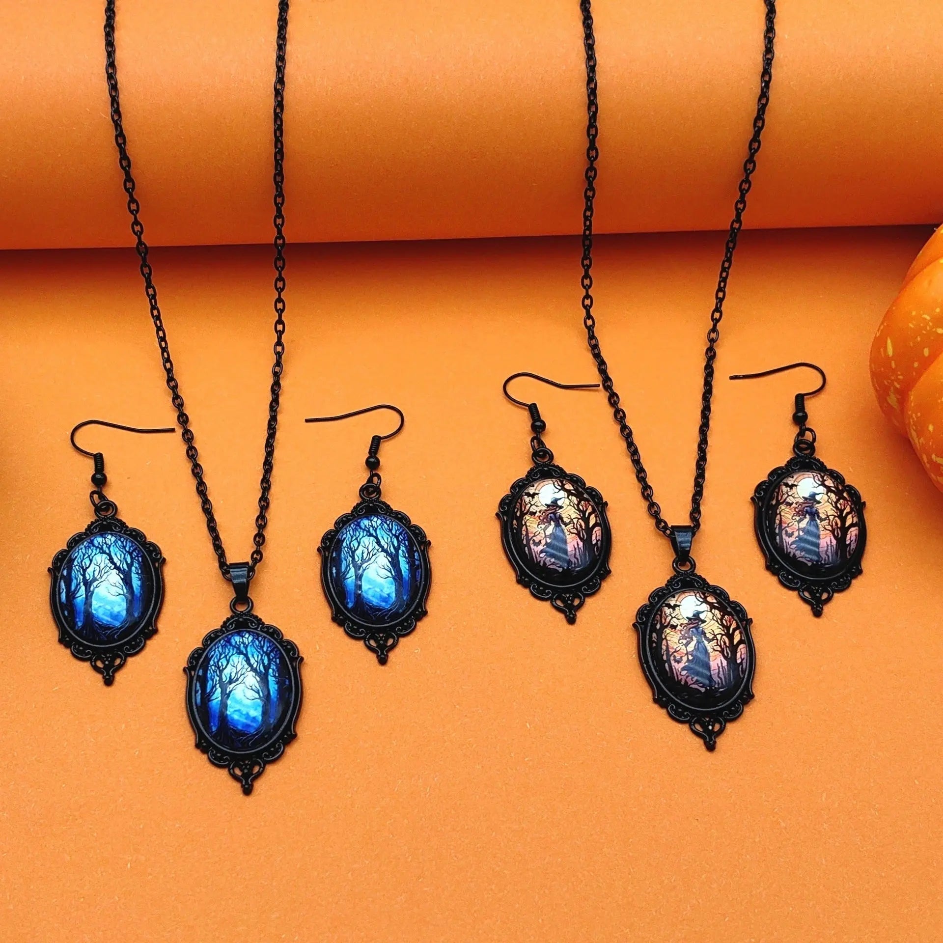 3pcs Vintage Halloween Tree Of Life And Witch Necklace Set With Earrings Alloy Pendant Jewelry - www.Shopthatapp.com