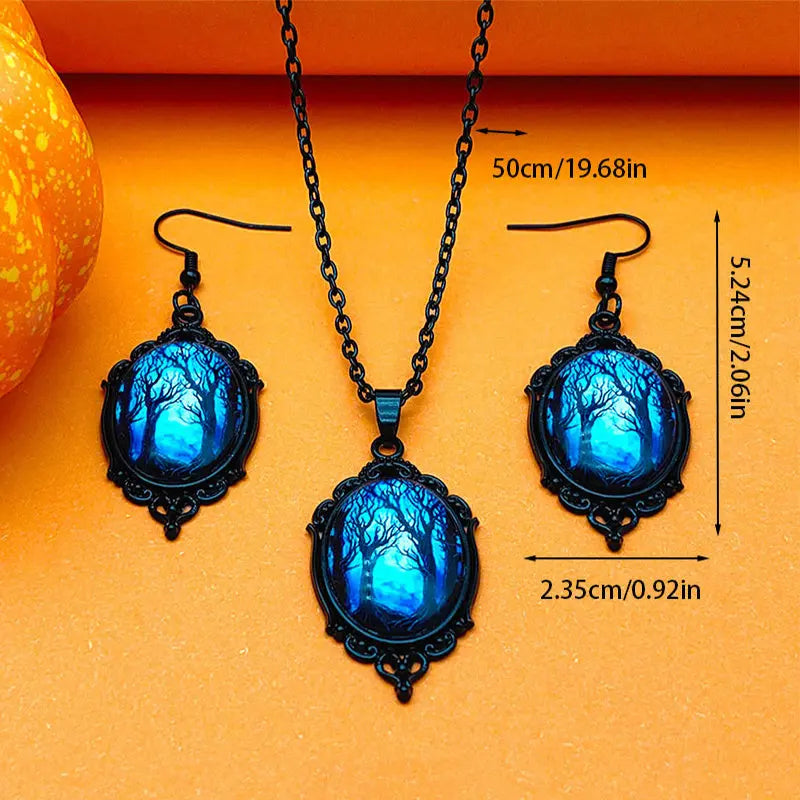 3pcs Vintage Halloween Tree Of Life And Witch Necklace Set With Earrings Alloy Pendant Jewelry - www.Shopthatapp.com