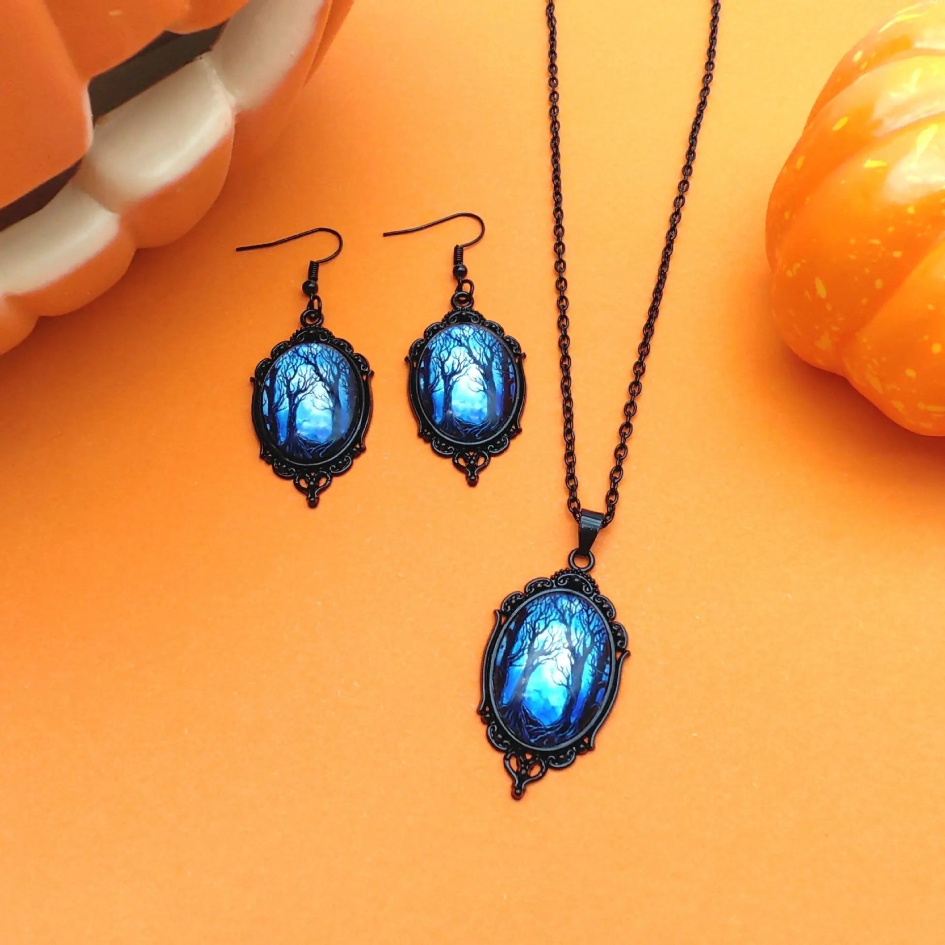 3pcs Vintage Halloween Tree Of Life And Witch Necklace Set With Earrings Alloy Pendant Jewelry - www.Shopthatapp.com