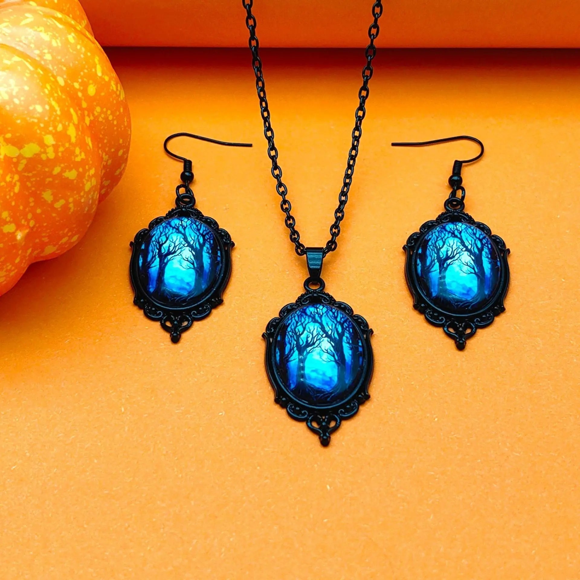 3pcs Vintage Halloween Tree Of Life And Witch Necklace Set With Earrings Alloy Pendant Jewelry - www.Shopthatapp.com
