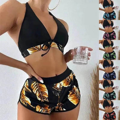 3pcs Leaf Print Bikini With Shorts Fashion Summer Beach Swimsuit Womens Clothing - www.Shopthatapp.com