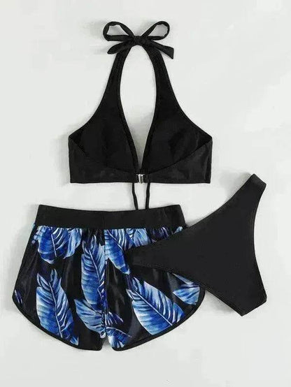 3pcs Leaf Print Bikini With Shorts Fashion Summer Beach Swimsuit Womens Clothing - www.Shopthatapp.com