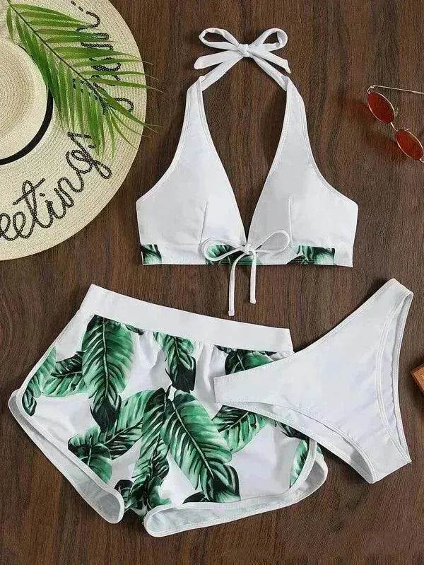 3pcs Leaf Print Bikini With Shorts Fashion Summer Beach Swimsuit Womens Clothing - www.Shopthatapp.com