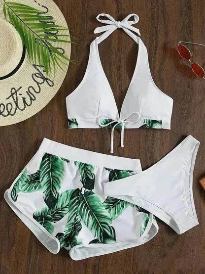 3pcs Leaf Print Bikini With Shorts Fashion Summer Beach Swimsuit Womens Clothing - www.Shopthatapp.com