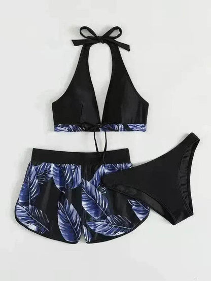 3pcs Leaf Print Bikini With Shorts Fashion Summer Beach Swimsuit Womens Clothing - www.Shopthatapp.com