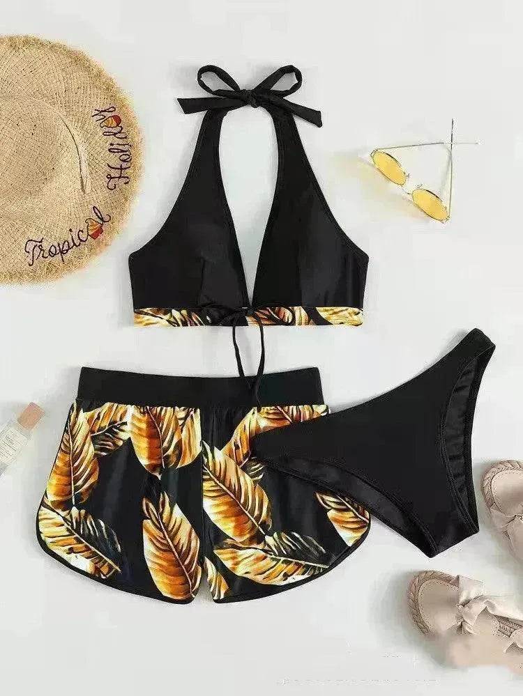 3pcs Leaf Print Bikini With Shorts Fashion Summer Beach Swimsuit Womens Clothing - www.Shopthatapp.com