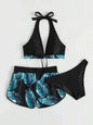 3pcs Leaf Print Bikini With Shorts Fashion Summer Beach Swimsuit Womens Clothing - www.Shopthatapp.com