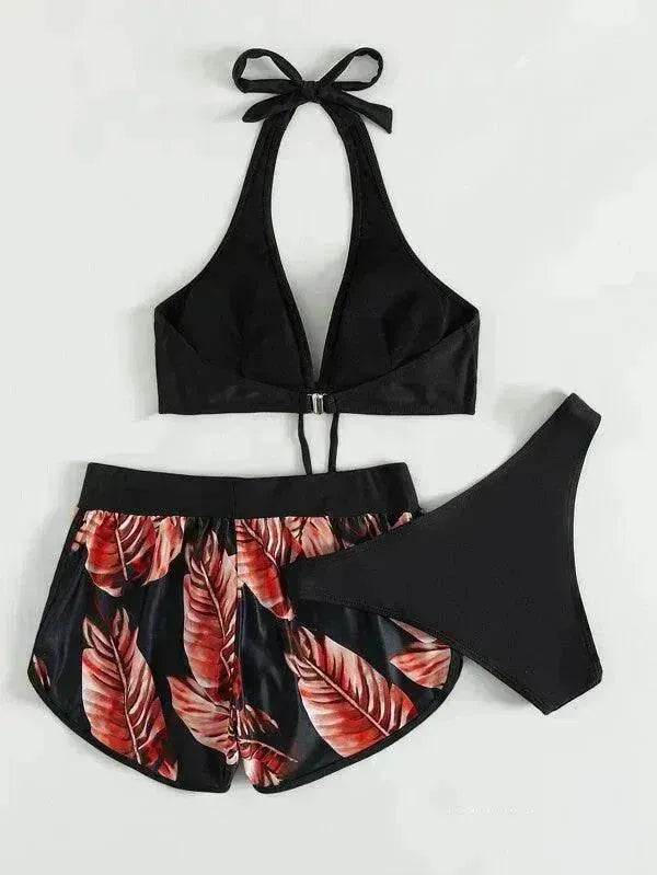 3pcs Leaf Print Bikini With Shorts Fashion Summer Beach Swimsuit Womens Clothing - www.Shopthatapp.com