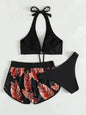 3pcs Leaf Print Bikini With Shorts Fashion Summer Beach Swimsuit Womens Clothing - www.Shopthatapp.com