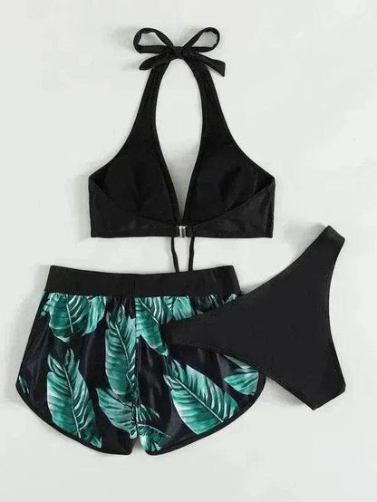 3pcs Leaf Print Bikini With Shorts Fashion Summer Beach Swimsuit Womens Clothing - www.Shopthatapp.com