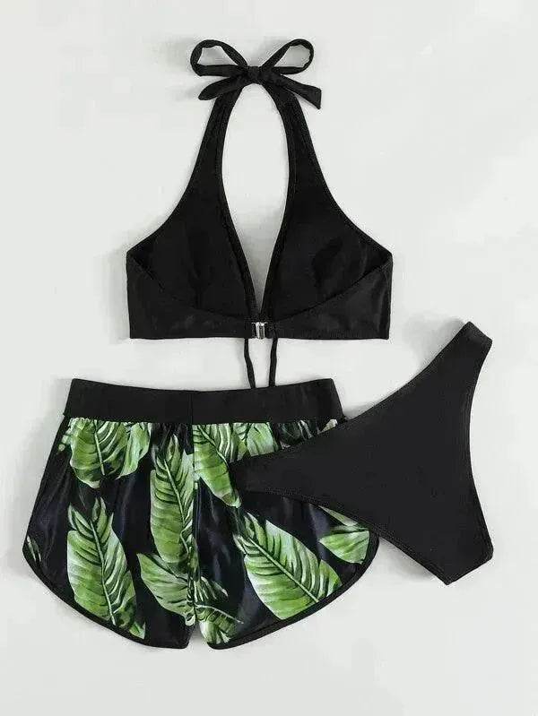 3pcs Leaf Print Bikini With Shorts Fashion Summer Beach Swimsuit Womens Clothing - www.Shopthatapp.com