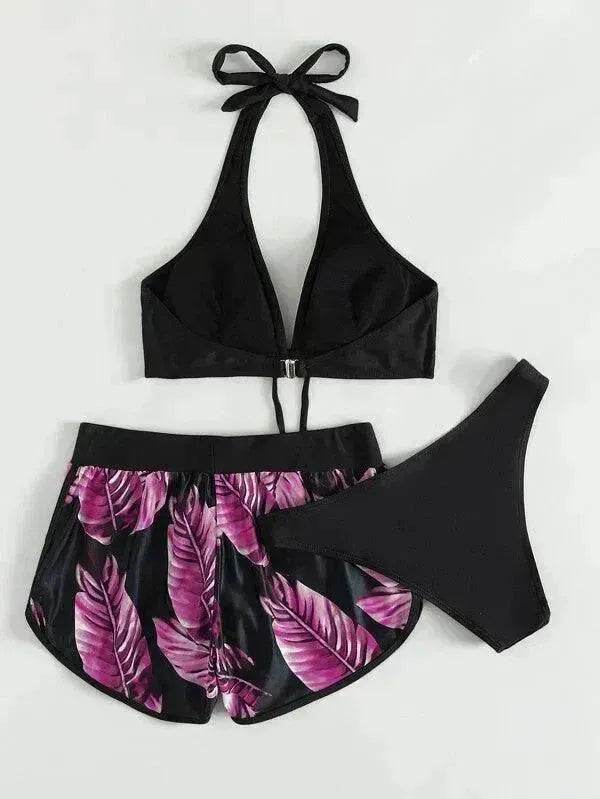 3pcs Leaf Print Bikini With Shorts Fashion Summer Beach Swimsuit Womens Clothing - www.Shopthatapp.com