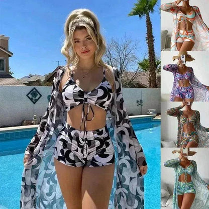 3pcs Pring Bikini With Long Sleeve Cardigan Fashion Summer Beach Swimsuit Women - www.Shopthatapp.com