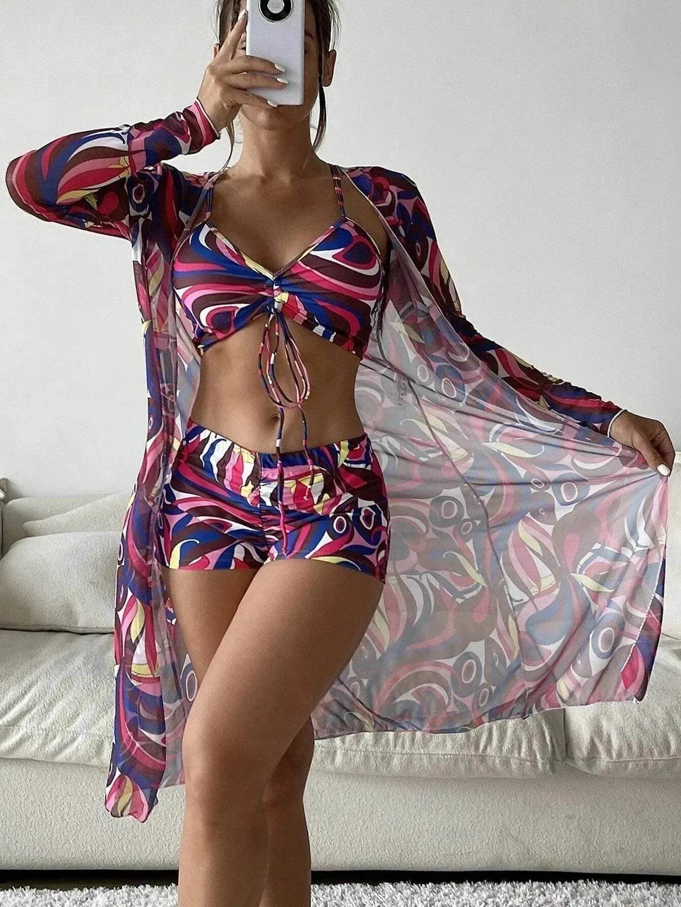 3pcs Pring Bikini With Long Sleeve Cardigan Fashion Summer Beach Swimsuit Women - www.Shopthatapp.com