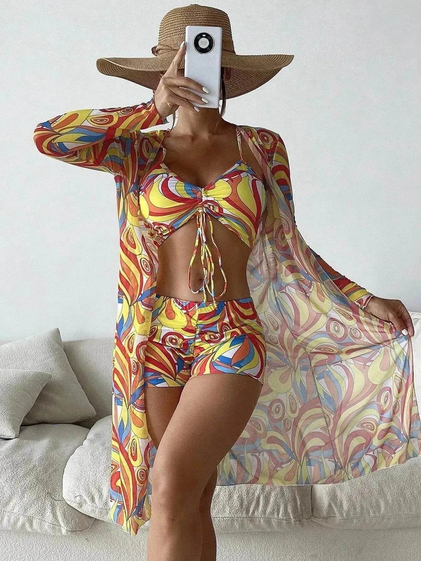 3pcs Pring Bikini With Long Sleeve Cardigan Fashion Summer Beach Swimsuit Women - www.Shopthatapp.com
