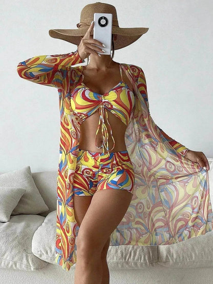 3pcs Pring Bikini With Long Sleeve Cardigan Fashion Summer Beach Swimsuit Women - www.Shopthatapp.com