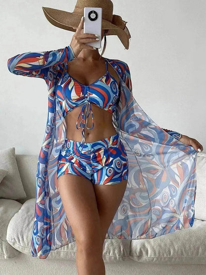 3pcs Pring Bikini With Long Sleeve Cardigan Fashion Summer Beach Swimsuit Women - www.Shopthatapp.com