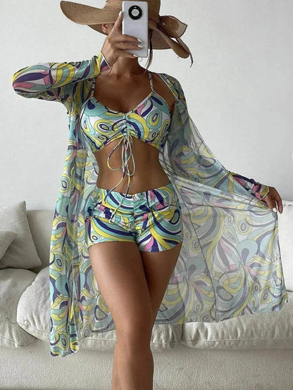 3pcs Pring Bikini With Long Sleeve Cardigan Fashion Summer Beach Swimsuit Women - www.Shopthatapp.com