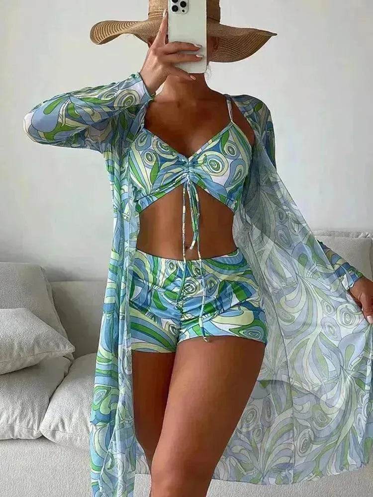 3pcs Pring Bikini With Long Sleeve Cardigan Fashion Summer Beach Swimsuit Women - www.Shopthatapp.com