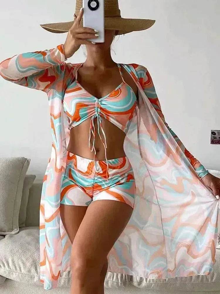 3pcs Pring Bikini With Long Sleeve Cardigan Fashion Summer Beach Swimsuit Women - www.Shopthatapp.com