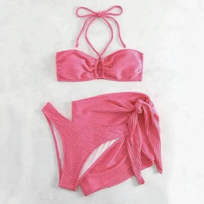 3pcs Solid Color Stripe Swimsuit Charming Summer Beach Bikini Set Womens Clothing - www.Shopthatapp.com