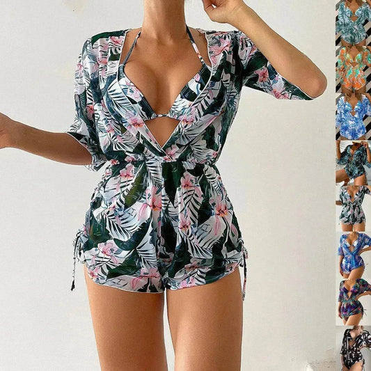 3pcs V-neck Swimsuit Suits Summer Leaf Print Waist-tie Bikini Fashion Long-sleeved Beach Sun-protection Clothing Womens - www.Shopthatapp.com