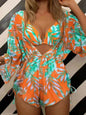 3pcs V-neck Swimsuit Suits Summer Leaf Print Waist-tie Bikini Fashion Long-sleeved Beach Sun-protection Clothing Womens - www.Shopthatapp.com